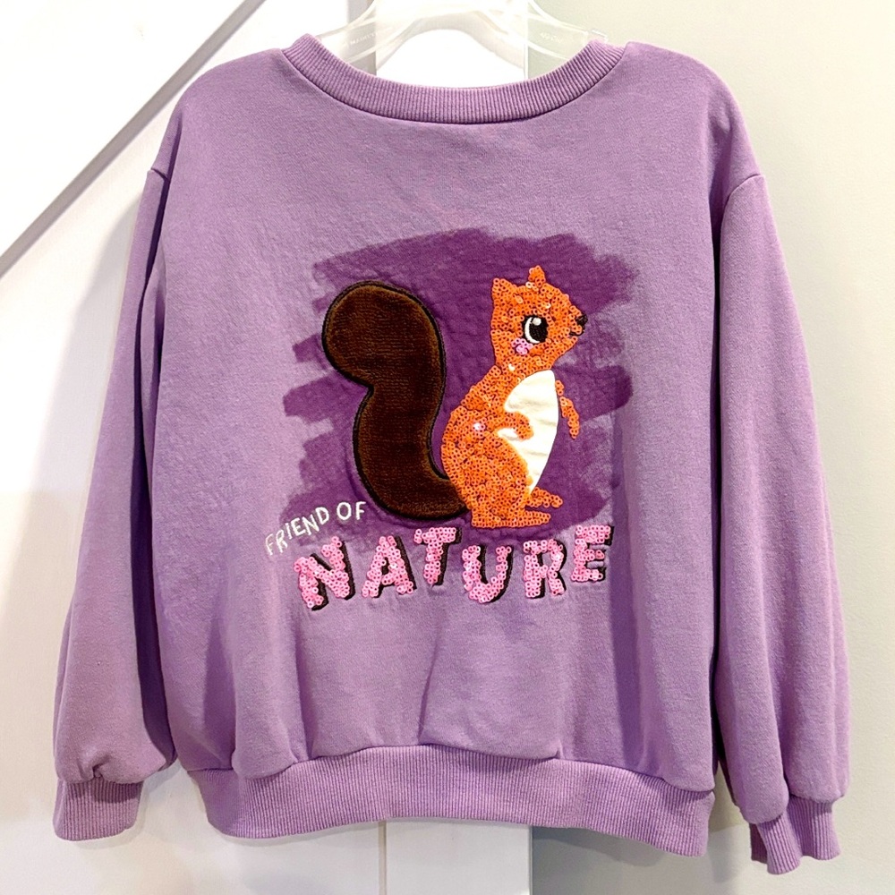H&M Friend Of Nature Squirrel Lavender Purple Sequin & Fur Crewneck Sweater